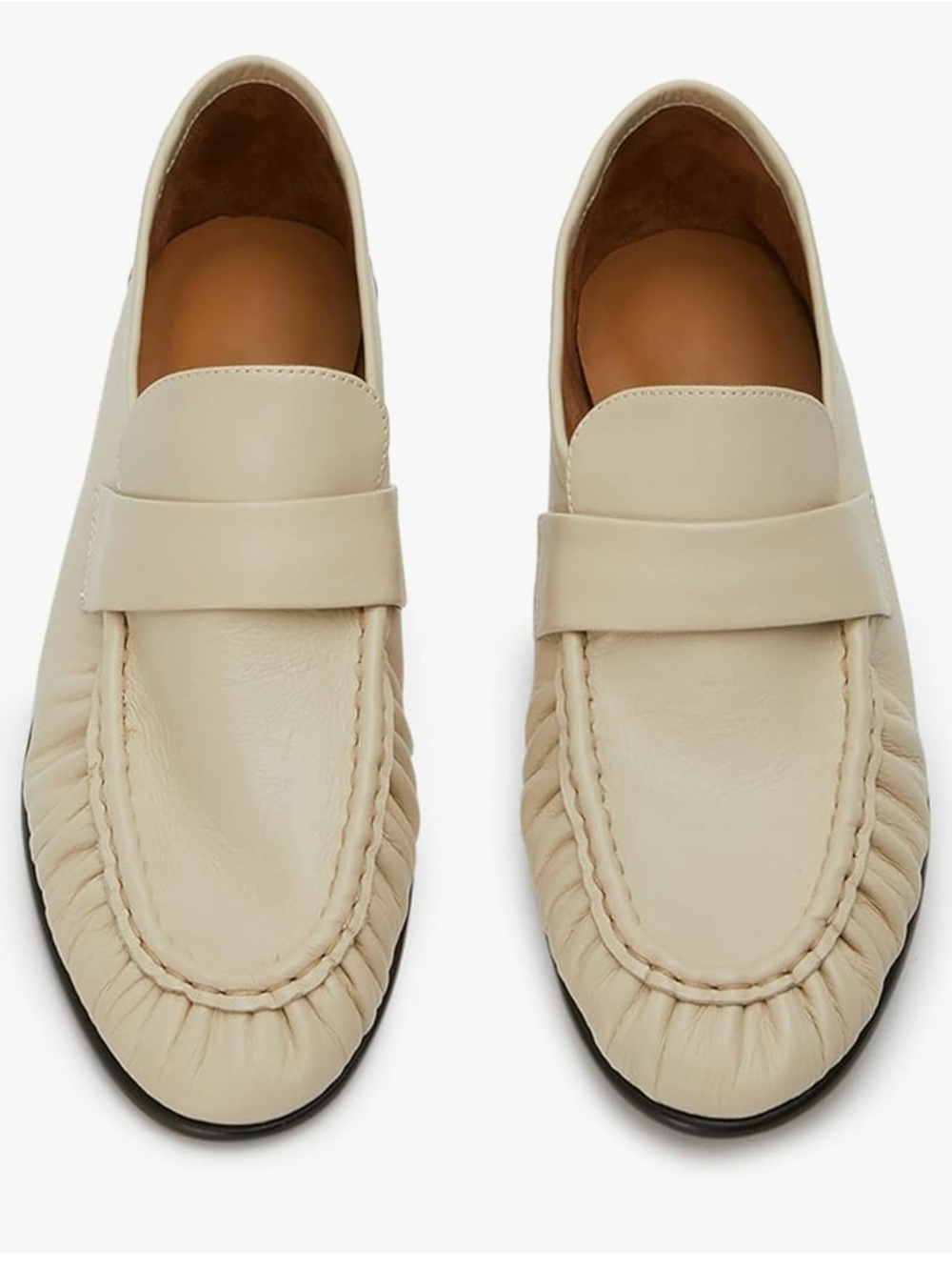 Ruched Leather Penny Loafers in Light Beige